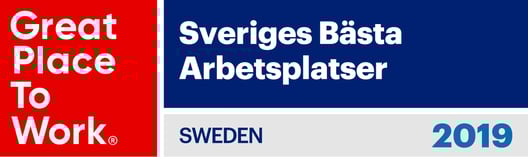 en logga från Great Place To Work som det står "Sveriges bästa arbetsplatser 2019" på