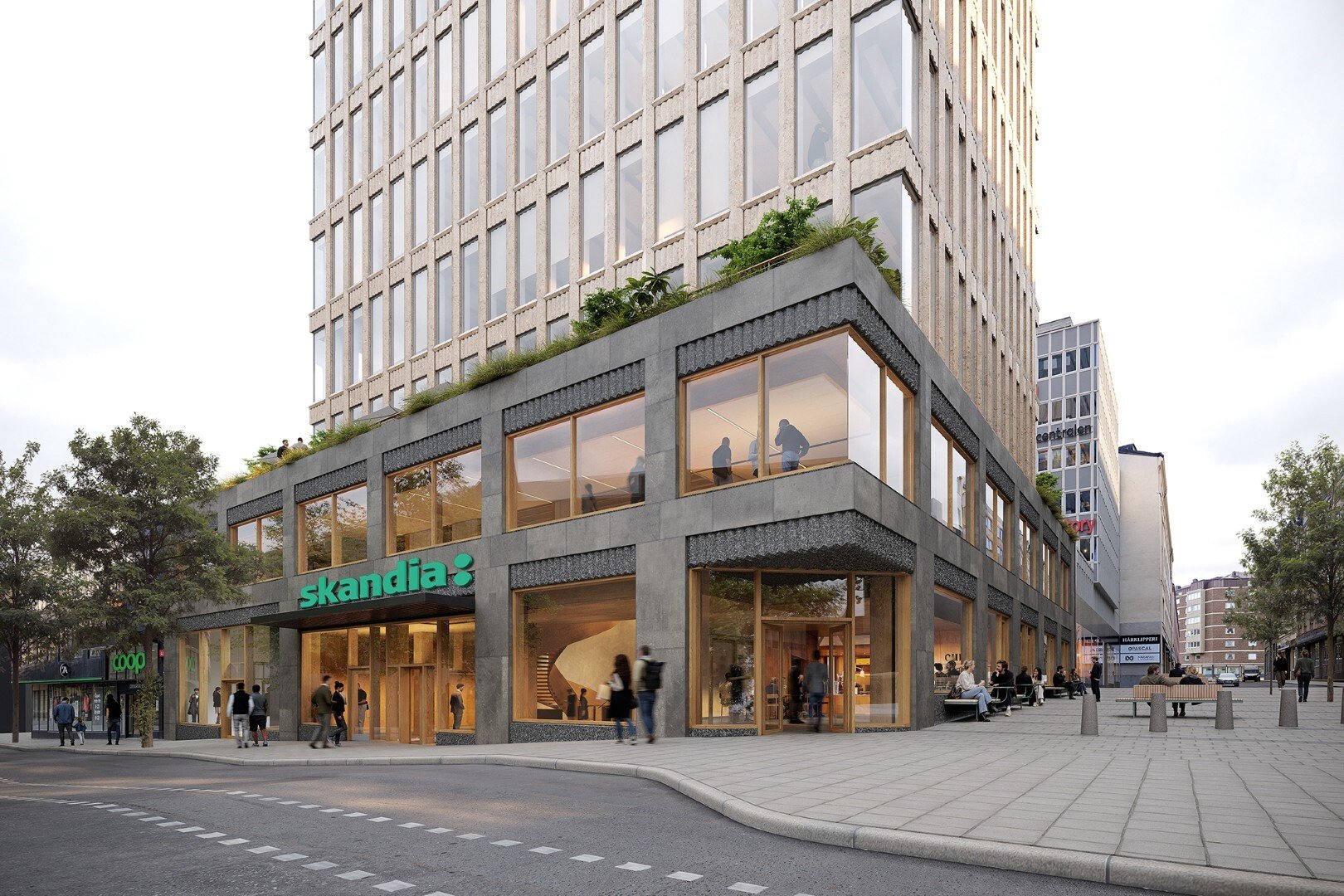 Visionsbild av entré för Skandias framtida huvudkontor. Bild skapad av White Arkitekter