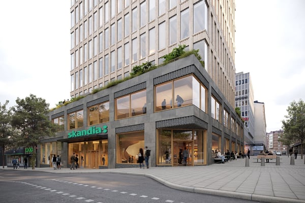 Visionsbild av entré för Skandias framtida huvudkontor. Bild skapad av White Arkitekter